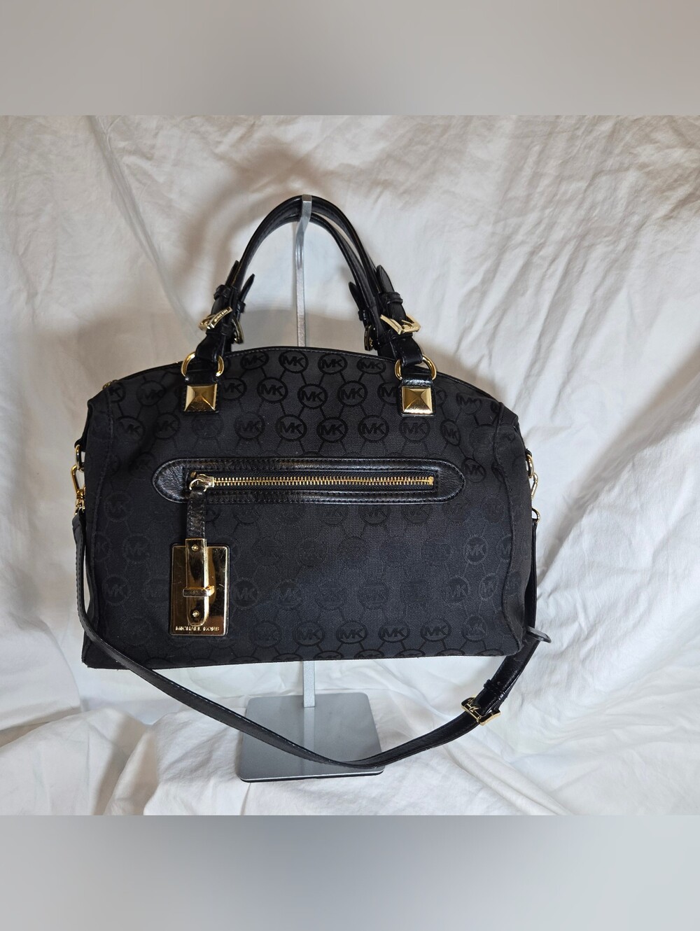 Michael Kors Black Monogram Satchel with Gold Hardware